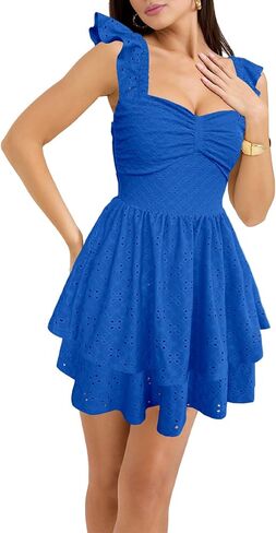 HESUUIO Women's Summer Mini Dress Elegant Backless Hollow Out Eyelets Layered Flowy Swing Short Party Dress Casual Sundress in Kuwait