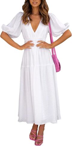 Woolicity Womens Summer Maxi Dress Writ v الرقبة الأكمام قصيرة الشاطئ تدفق الفساتين الطويلة in Kuwait