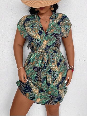 WDIRARA Women's Plus Size Tropical Print Dress Notch Neck Cap Sleeve Boho Dresses with Belt in Saudi Arabia