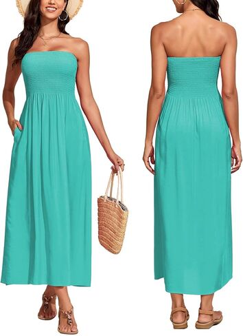 Capuffy Women's Strapless Boho Beach Dress Sleeveless Tube 2025 Summer A Line Sundress with Pockets Flowy Swing Maxi Dress 33 in Kuwait