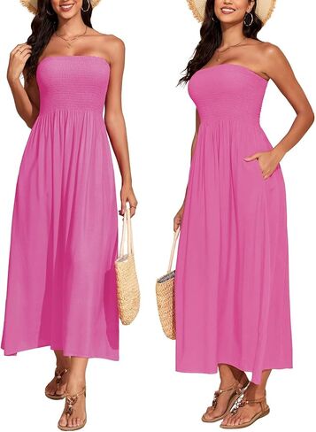 Capuffy Women's Strapless Boho Beach Dress Sleeveless Tube 2025 Summer A Line Sundress with Pockets Flowy Swing Maxi Dress 33 in Kuwait