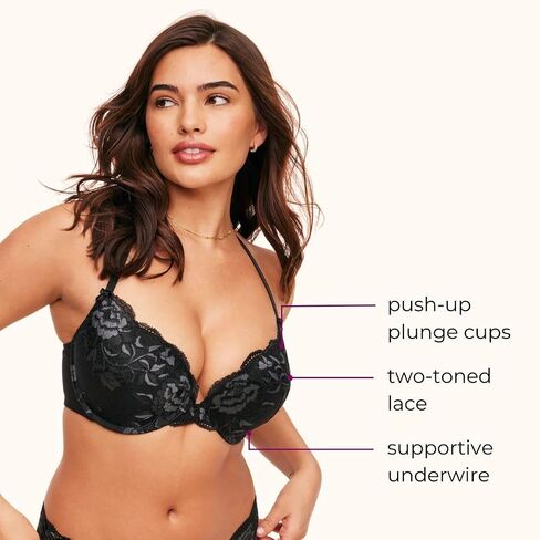 Adore Me Jaya Plunge Push Up Bra - 30A -38DD underwire bra for Women مع أكواب الدانتيل والأشرطة القابلة للتحويل والقابلة للتعديل in Kuwait