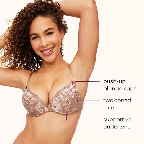 Adore Me Jaya Plunge Push Up Bra - 30A -38DD underwire bra for Women مع أكواب الدانتيل والأشرطة القابلة للتحويل والقابلة للتعديل in Kuwait