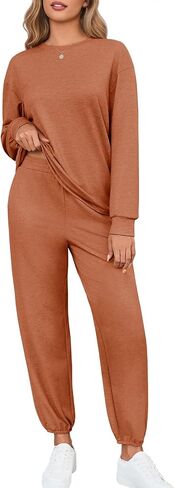 Tankaneo Womens 2 Outfits Lounge مجموعات غير رسمية طويلة الأكمام Crewneck pullover sweatshirt kogger sweatpants set in Saudi Arabia
