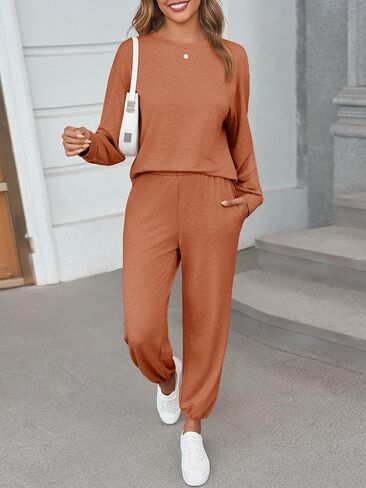 Tankaneo Womens 2 Outfits Lounge مجموعات غير رسمية طويلة الأكمام Crewneck pullover sweatshirt kogger sweatpants set in Saudi Arabia