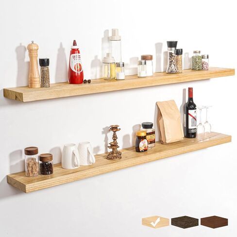 RICHFOCUS Rustic Wooden Floating Shelves for Wall - 30 Inch Wood Wall Shelves Set of 2-7.9 Inch Deep Solid Paulownia Wood Wall Mounted Shelves with Upgraded Metal Brackets for Room Decor, Natural in Kuwait