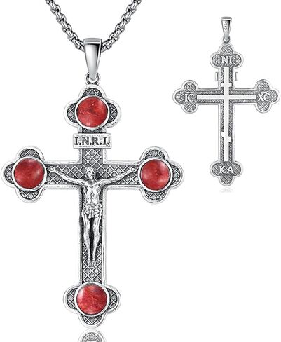 Orthodox Cross Necklace, Silver Crucifix Cross for Men Women Turquoise Jesus & Virgin Mary Cross Pendant Necklaces Christian Religious Jewelry Gift in Kuwait