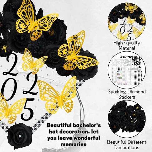 Graduation Cap Decorations Kits Faux Flower 3D Butterfly Rhinestones Glitter Alphabet Letter Sticker Champagne Color Flower DIY Graduation Cap Decor for Grad Cap Topper Graduation Party DIY Craft in Kuwait