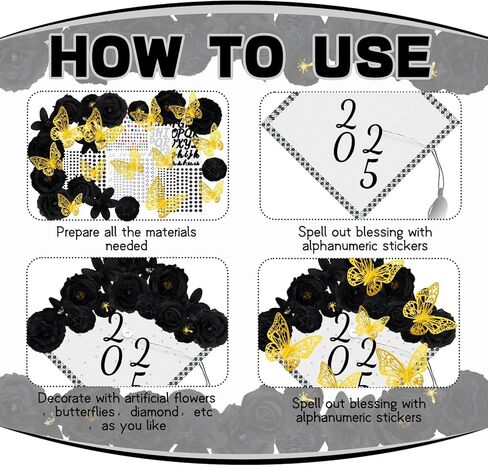 Graduation Cap Decorations Kits Faux Flower 3D Butterfly Rhinestones Glitter Alphabet Letter Sticker Champagne Color Flower DIY Graduation Cap Decor for Grad Cap Topper Graduation Party DIY Craft in Kuwait