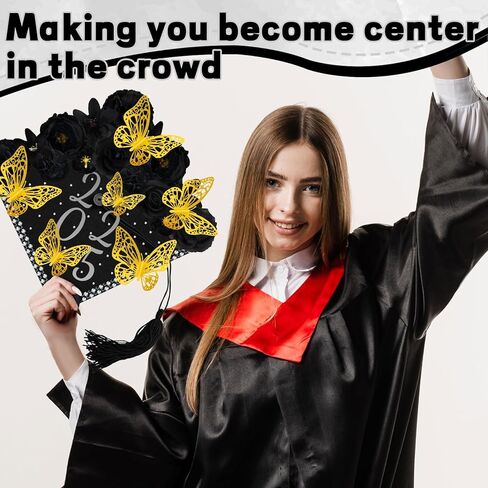 Graduation Cap Decorations Kits Faux Flower 3D Butterfly Rhinestones Glitter Alphabet Letter Sticker Champagne Color Flower DIY Graduation Cap Decor for Grad Cap Topper Graduation Party DIY Craft in Kuwait