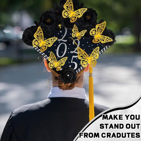 Graduation Cap Decorations Kits Faux Flower 3D Butterfly Rhinestones Glitter Alphabet Letter Sticker Champagne Color Flower DIY Graduation Cap Decor for Grad Cap Topper Graduation Party DIY Craft in Kuwait