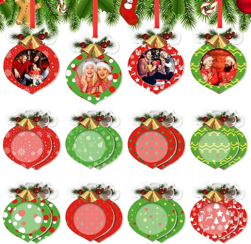 16 Pcs Acrylic Christmas Photo Ornaments Christmas Ball Picture Frame Ornaments Hanging Christmas Photo Ornament Christmas Picture Holder with Bows for Christmas Tree Stockings Decorations in Kuwait