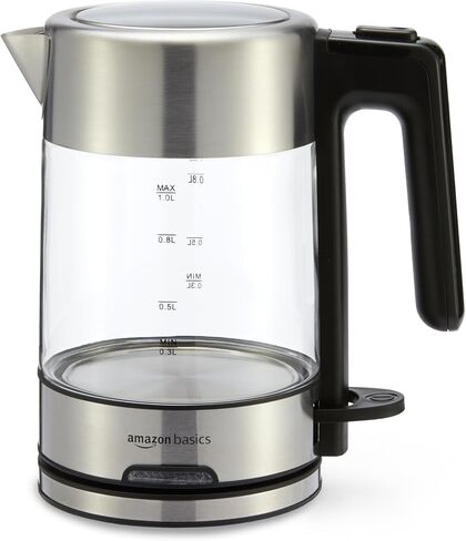 Amazon Basics 1.1Qt (1L) Electric Kettle, Tea Kettle & Water Boiler, with Auto Shut-Off, Boil Dry Protection, High-Safety Strix Thermostat, BPA-Free, 1500W, Stainless Steel, New Model, Black & Silver in Saudi Arabia