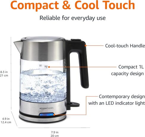 Amazon Basics 1.1Qt (1L) Electric Kettle, Tea Kettle & Water Boiler, with Auto Shut-Off, Boil Dry Protection, High-Safety Strix Thermostat, BPA-Free, 1500W, Stainless Steel, New Model, Black & Silver in Saudi Arabia