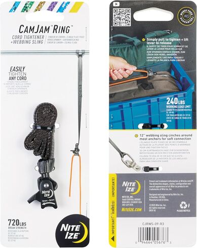 Nite Ize CamJam Ring Ring Tightener & 18" Webbing Sling - Features Pull-to-Tighten Lock & Quick-Release Lever - 400 lb Working Load Limit & 1200 lb Break Strength - Fits Ropes 3–9mm - Large in Saudi Arabia