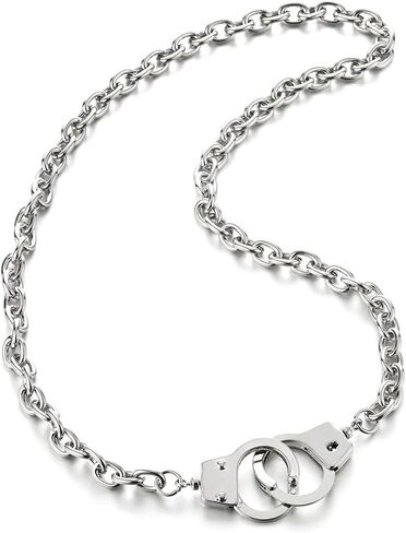 COOLSTEELANDBEYOND Mens Womens Link Chain Handcuff Necklace Silver Color, 27 inches Rope Chain, Punk Rock in Saudi Arabia