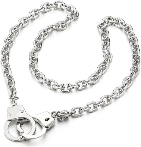 COOLSTEELANDBEYOND Mens Womens Link Chain Handcuff Necklace Silver Color, 27 inches Rope Chain, Punk Rock in Saudi Arabia