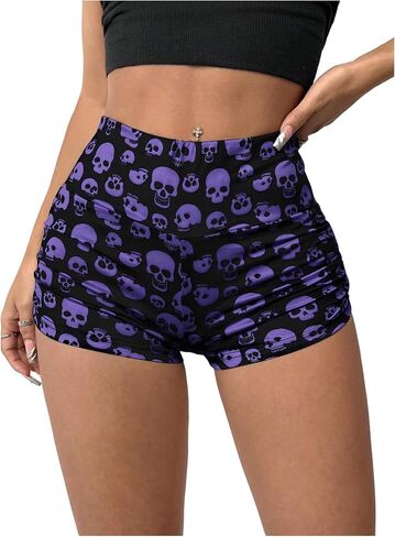WDIRARA Women's Goth Skeleton Print High Waisted Shorts Ruched Workout Athletic Yoga Biker Shorts in Saudi Arabia