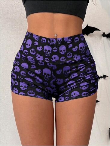 WDIRARA Women's Goth Skeleton Print High Waisted Shorts Ruched Workout Athletic Yoga Biker Shorts in Saudi Arabia