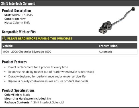 Shift Interlock Solenoid - Compatible with 1999-2006 Chevy Silverado 1500 Automatic - Black Brass Rectangular Manual Pull Handle in Saudi Arabia