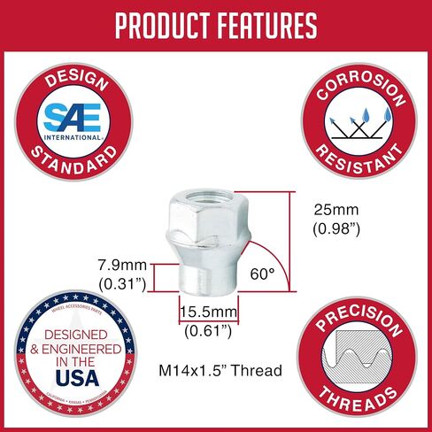 إكسسوارات العجلات أجزاء 24 PCS M14x1.5 14x1.5 Thread ET OEM مصنع المصنع المكسرات Lug 1.77 "Long Chrome 7/8" in Saudi Arabia