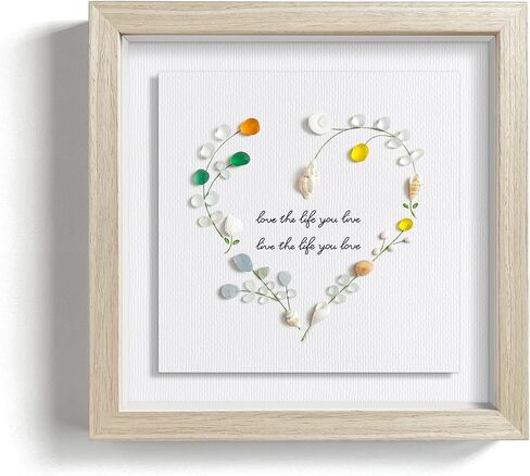 Seahorizon heart-shaped. Handmade Sea Glass Art Wall Decor, 8 x 8 Inch Wood Framed Wall Art, Made of Sea Glass, Shells, and Pebbles in Saudi Arabia