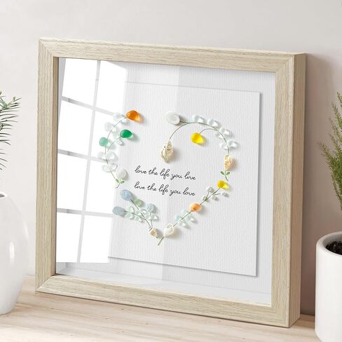 Seahorizon heart-shaped. Handmade Sea Glass Art Wall Decor, 8 x 8 Inch Wood Framed Wall Art, Made of Sea Glass, Shells, and Pebbles in Saudi Arabia