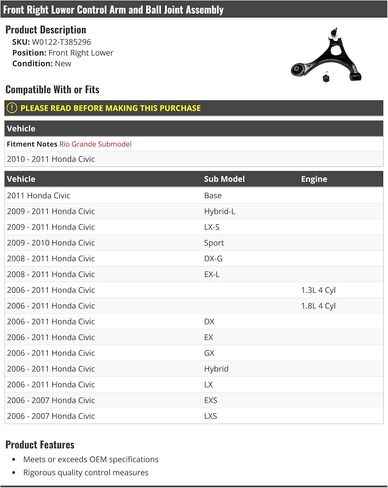 Front Right Passenger Side Lower Control Arm and Ball Joint Assembly - Compatible with 2006-2011 Honda Civic in Saudi Arabia