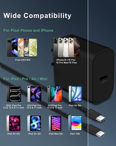 Pixel 9/8/7/6/5 Fast Charger, 30W USB C Charger Block for Google Pixel 9/9 Pro/9 Pro XL/8/8a /8 Pro/7 Pro/7a/7/6/5/4/3 XL, Galaxy S24/S23/S22, Type C Fast Charging Block Plug with 6FT USB C to C Cable in Kuwait