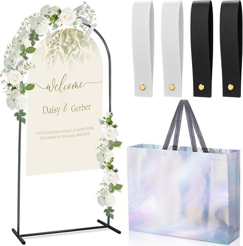Blulu Wedding Sign Holder 71'' x 31.5'' Arch Welcome Sign Stand Metal Heavy Duty Easel Stand with 4 Pcs Leather Signs Hanging Strap 1 Storage Bag for Weddings Display Party Event Decor Black in Saudi Arabia