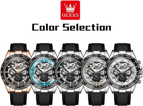 Olevs Watch for Men Automatic مع 3ATM مقاوم للماء متعددة التقويم القمر الهيكل العظمي Silicone حزام الأعمال الكلاسيكية Diamond Listic Watch Watch in Saudi Arabia