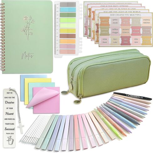 47PCs Bible Journaling Kit Study Supplies for Women,School Student Study Essentials Accessories with Pen Case,Bible Journal Notebook,No-bleed Highlighters and Pens,Bible Tabs Bookmark,Sticky Notes in Kuwait