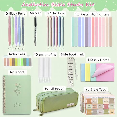 47PCs Bible Journaling Kit Study Supplies for Women,School Student Study Essentials Accessories with Pen Case,Bible Journal Notebook,No-bleed Highlighters and Pens,Bible Tabs Bookmark,Sticky Notes in Kuwait