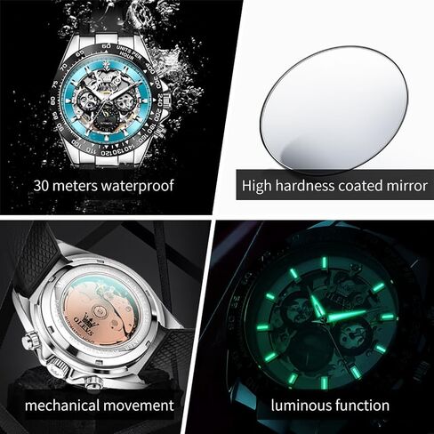 Olevs Watch for Men Automatic مع 3ATM مقاوم للماء متعددة التقويم القمر الهيكل العظمي Silicone حزام الأعمال الكلاسيكية Diamond Listic Watch Watch in Saudi Arabia