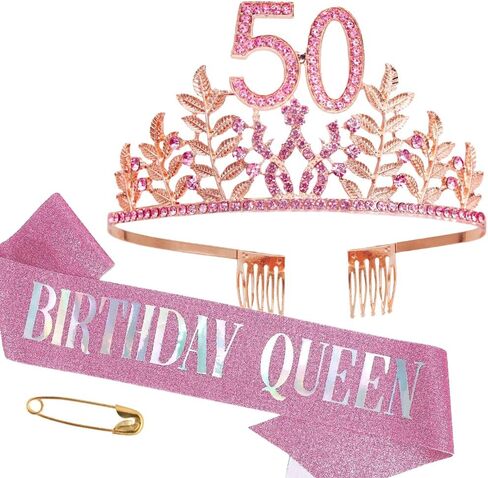 عيد ميلاد Sash Tiara عيد ميلاد Tiara Rhinestone Crown Rose Gold Birthday Queen Tiara Sash and Tiara للنساء ديكور عيد ميلاد الأميرة Tiara Cake Topper Crystals Exclies for Party in Kuwait