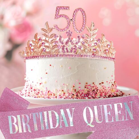 عيد ميلاد Sash Tiara عيد ميلاد Tiara Rhinestone Crown Rose Gold Birthday Queen Tiara Sash and Tiara للنساء ديكور عيد ميلاد الأميرة Tiara Cake Topper Crystals Exclies for Party in Kuwait