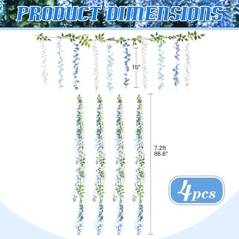 4pcs Wisteria Artificial Flowers Garland, 7.2Ft/Piece Wisteria Hanging Flowers Garland for Wedding Arch Decoration Outdoor Ceremony Home Backdrop Garden (Light Blue,Dark Blue,White) in Saudi Arabia