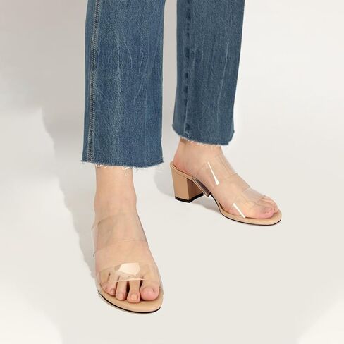 Clear Heeled Sandals for Women Transparent Two Strap Low Block Heels Open Toe Slip On Sandals in Saudi Arabia