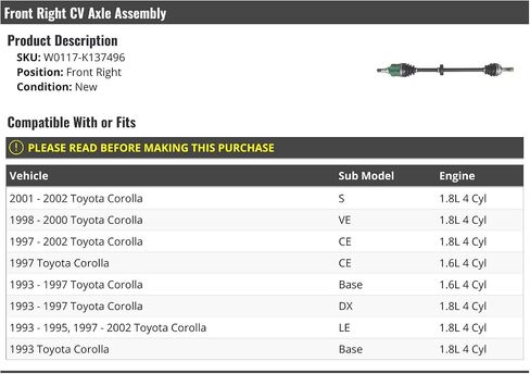 مجموعة محور CV الجانبي للأمراض اليمنى - متوافقة مع 1993-2002 Toyota Corolla in Saudi Arabia