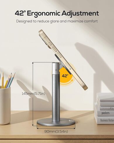 Nulaxy Magnetic Full Aluminum Cell Phone Stand with 2 Metal Rings, 360 Rotating Phone Stand for Desk, Office Accessories Adjustable Phone Holder Compatible with All Phones MagSafe Case, Gray in Kuwait