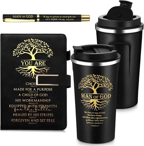 Pickmesh 3 PCS هدية مسيحية للرجال Man of God Gift Bible Verse A5 Leather Journal with Ballpoint Pen 17 Oz Stainsal Steel Tumbler Easter Gift for Boath’s Pastor Church (Black) in Kuwait