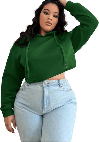 Floerns Women's Plus Size Drawstring Cropped Hoodies Long Sleeve Drop Shoulder Pullover Sweatshirts in Saudi Arabia