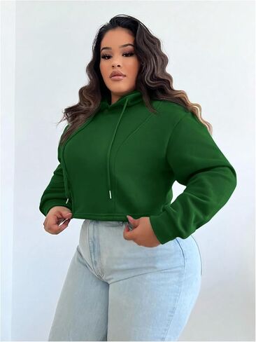 Floerns Women's Plus Size Drawstring Cropped Hoodies Long Sleeve Drop Shoulder Pullover Sweatshirts in Saudi Arabia