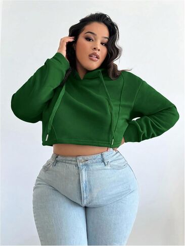 Floerns Women's Plus Size Drawstring Cropped Hoodies Long Sleeve Drop Shoulder Pullover Sweatshirts in Saudi Arabia
