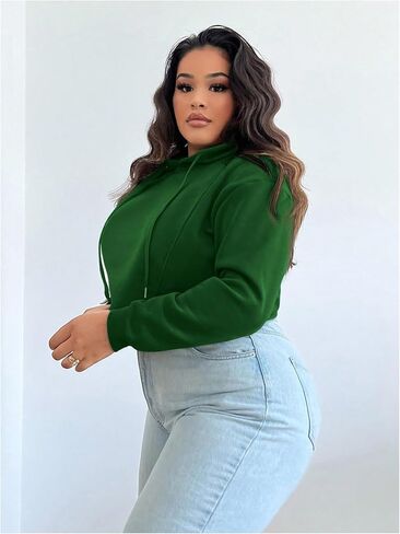 Floerns Women's Plus Size Drawstring Cropped Hoodies Long Sleeve Drop Shoulder Pullover Sweatshirts in Saudi Arabia