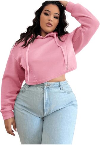 Floerns Women's Plus Size Drawstring Cropped Hoodies Long Sleeve Drop Shoulder Pullover Sweatshirts in Saudi Arabia