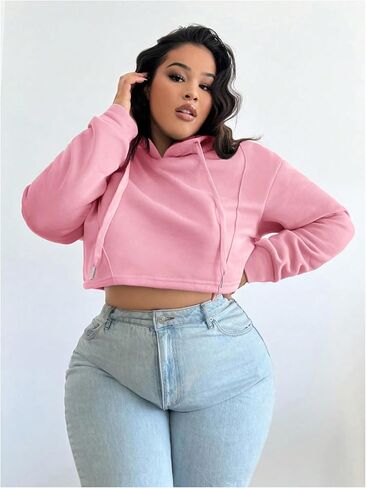 Floerns Women's Plus Size Drawstring Cropped Hoodies Long Sleeve Drop Shoulder Pullover Sweatshirts in Saudi Arabia