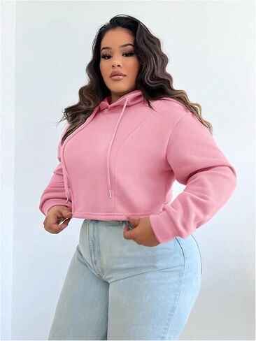 Floerns Women's Plus Size Drawstring Cropped Hoodies Long Sleeve Drop Shoulder Pullover Sweatshirts in Saudi Arabia