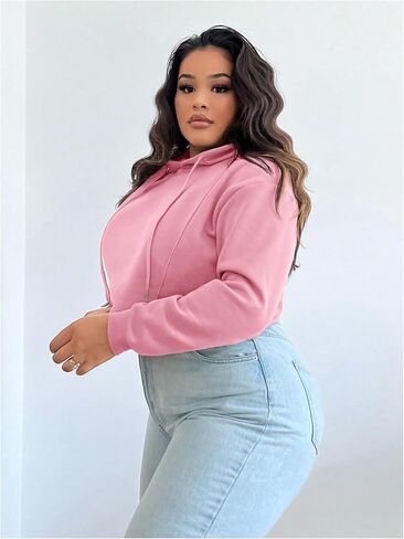 Floerns Women's Plus Size Drawstring Cropped Hoodies Long Sleeve Drop Shoulder Pullover Sweatshirts in Saudi Arabia