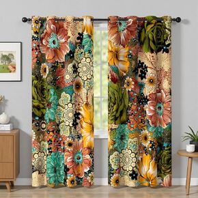 Boho Floral 100% Blackout Curtains for Bedroom Bohemian 96 Inch Long 2 Panels Set Colorful Mid Century Black Out Curtains For Living Room Grommet Thermal Insulated Room Darkening Window Drapes,52Wx96L in Saudi Arabia